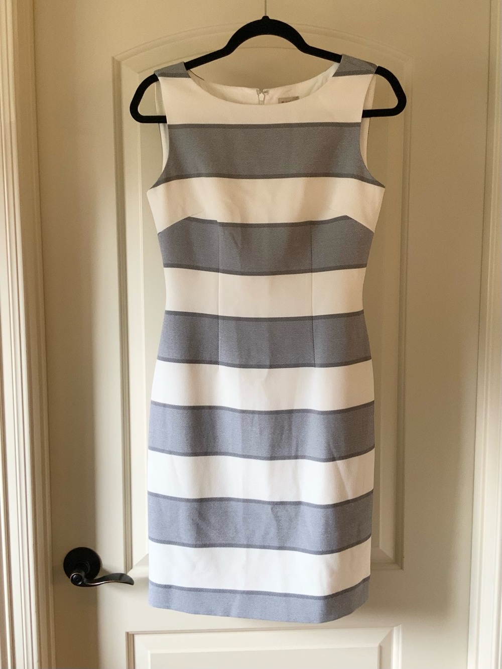 Daniel Cremieux Sleeveless White and Light Gray Striped Sheath Dress